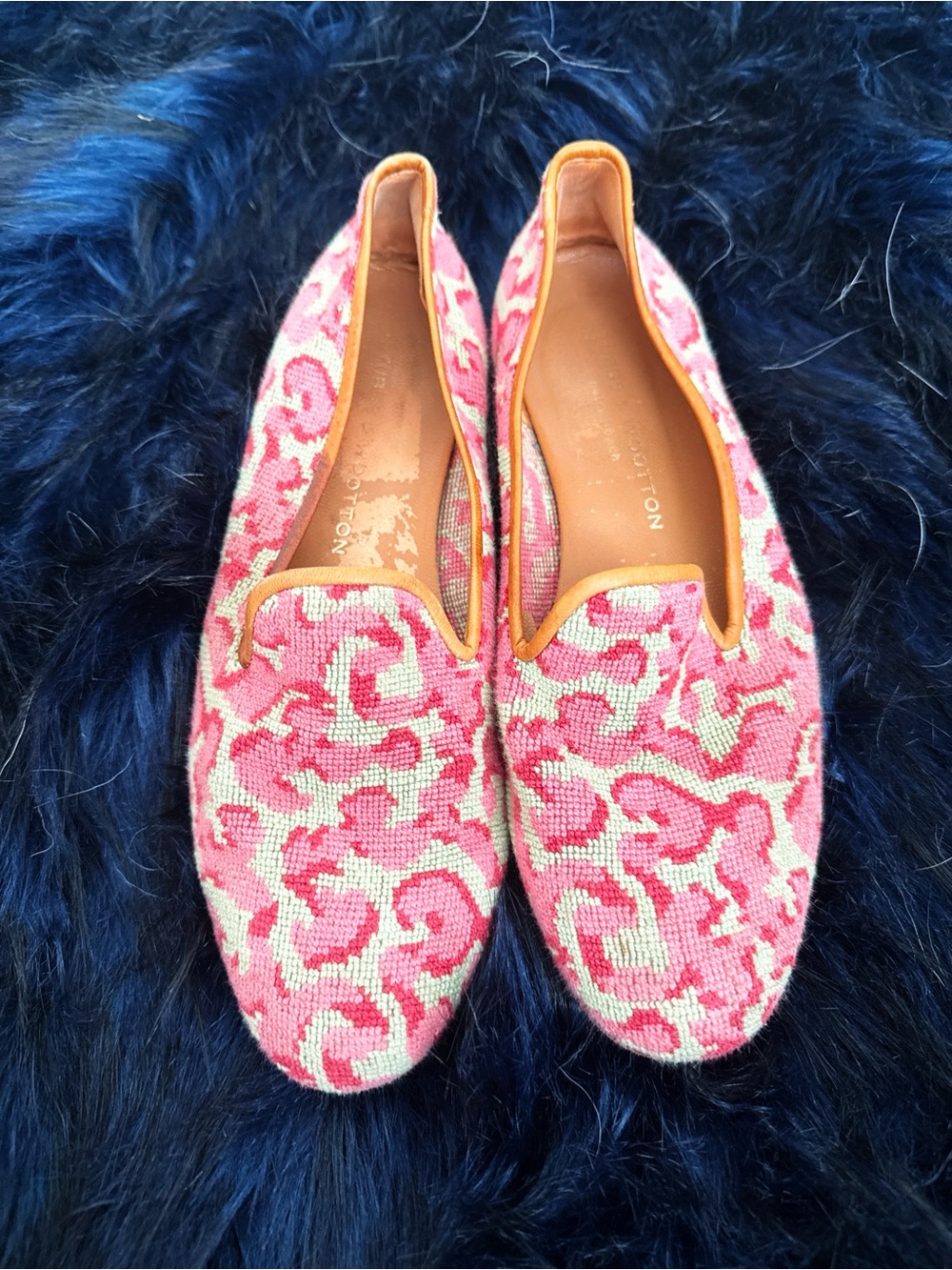 Stubbs & Wootton Palm beach Pink Patterned Needlepoint Loafers with Tan Trim